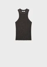 Top negro de tejido de punto fino con lúrex, cuello halter y diseño entallado.