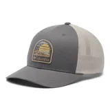 Gorra de béisbol Columbia color beige con paneles traseros de malla azul marino y logo de la marca bordado en el frente.