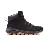 Bota de trekking Hi-Tec Tommie color negro, de caña media, con cordones marrones y suela marrón con detalles en blanco.