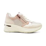Zapatillas deportivas color beige con detalles en rosa y glitter. Cierre con cordones y cremallera decorativa.