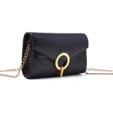 Cartera de mano negra con textura, solapa con cierre de broche metálico dorado y cadena dorada para colgar al hombro.