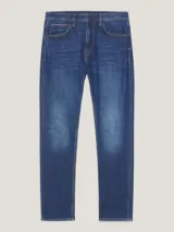 Pantalón de jean azul con corte recto, efecto arrugado en los muslos y desteñido en las rodillas.
