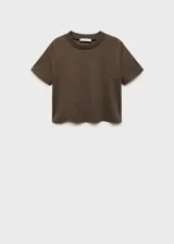 Camiseta marrón de poliéster, viscosa y elastano, con cuello redondo de canalé a contraste, manga corta y diseño crop.