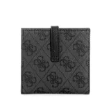 Tarjetero Guess modelo Laurel, color negro con estampado del logo de la marca en tonos grises. Cuenta con múltiples ranuras para tarjetas y cierre a presión.