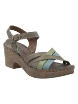 Sandalias con plataforma RKF modelo Dalia, color verde, con tiras cruzadas en tonos verde, beige y celeste.