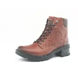 Bota de cuero negra con cordones, caña media, suela de goma track y taco cuadrado.