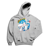 Canguro gris con capucha y bolsillo frontal, con estampado de Pinky y Cerebro y la frase "New World Order".