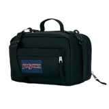 Bolso negro de tela resistente, con cierre y correa ajustable para llevar.