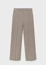 Pantalón de vestir color beige, de corte wide leg, tiro medio y pinzas frontales.
