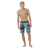Short de baño Rip Curl Mirage Mason Raw Energy con estampado abstracto en tonos celeste, negro y naranja.
