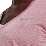 Remera deportiva Under Armour color rosa con cuello en V y logo estampado en el pecho. Confeccionada con tejido UA Tech que seca el sudor rápidamente.