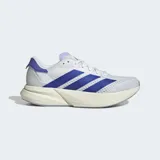 Championes Adidas Duramo Speed 2, color blanco con detalles en azul y suela blanca.