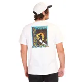 Remera blanca de manga corta con estampa vertical de la palabra 'Stone' y el logo de Volcom.