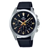 Reloj Casio Edifice EFV630L-1AVUDF con cronógrafo, caja plateada de acero inoxidable y correa de cuero negra.