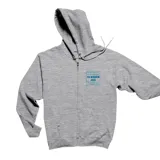 Campera gris con capucha y cierre frontal. Diseño personalizable con imagen estampada en el pecho.