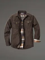 Chaqueta de algodón y poliéster color verde oscuro, con forro de franela y cierre de broche de presión, de aspecto gamuza.
