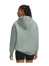Buzo Under Armour de mujer, color verde grisáceo, corte holgado, con capucha y cordones ajustables.