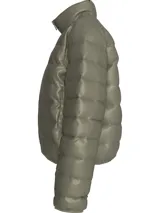 Campera puffer corta color verde oliva, con cuello alto y cierre frontal con cremallera. Tiene bolsillos laterales con cremallera y logo de Calvin Klein en el pecho.