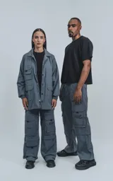 Campera gris con broches en el delantero, forrada con red, múltiples bolsillos con detalles en réflex y puños elásticos en las mangas. Confeccionada en poliéster y calce oversize.