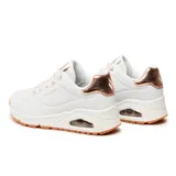 Championes Skechers Street Uno - Shimmer Away color blanco con detalles en dorado. Capellada de durabuck sintético, cordones elásticos, plantilla Skechers Air-Cooled Memory Foam y media suela visible Skech-Air con cámara de aire.