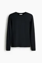 Remera entallada de manga larga, color negro, con escote redondo ribeteado.