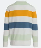 Suéter de punto de algodón con rayas horizontales en blanco, amarillo, azul y verde.