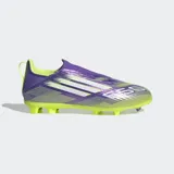 Championes de fútbol Adidas F50 League Laceless Multisuperficie, color violeta con detalles en amarillo y blanco.