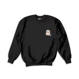 Buzo negro de algodón con cuello redondo, puños y cintura acanalados. Estampado pequeño en el pecho de una lápida con una pala al lado.