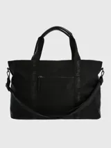 Bolso tipo tote negro con doble asa de mano y correa de hombro desmontable. Presenta el logo de la marca estampado en las asas y en el frente.