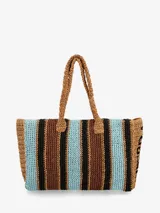 Bolso tipo tote de paja trenzada con diseño a rayas verticales en tonos marrón, celeste y negro. Tiene doble asa de hombro marrón.