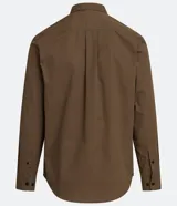 Camisa verde militar de manga larga en sarga de algodón, con cuello clásico, cierre frontal abotonado y dos bolsillos con solapa abotonada en el pecho.