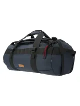 Bolso de viaje unisex RKF color azul marino, confeccionado en poliéster reciclado resistente al agua. Cuenta con compartimento principal con cierre, bolsillos interiores con cierre y de malla, correas de mochila ajustables, bolsillo delantero y trasero con cierre, correa ajustable y llavero mosquetón.