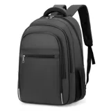 Mochila negra de tafeta con bolsillo frontal, tres divisiones con cierre, capacidad para notebook, bolsillos laterales de rejilla y detalles reflectivos.