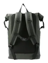 Mochila RKF color verde con detalles en gris. Fabricada con poliéster reciclado repelente al agua, con múltiples bolsillos y compartimentos, forro interior 100% poliéster reciclado, correas ajustables y llavero mosquetón.