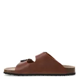 Sandalias bajas negras con dos tiras anchas ajustables con hebillas plateadas.