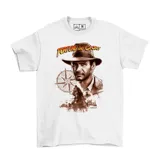 Remera blanca de algodón con estampado de Indiana Jones con sombrero y la frase "Fortune and Glory".