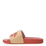 Sandalia de goma color negro con estampado de texto "Tropic Sun" en color rosa.