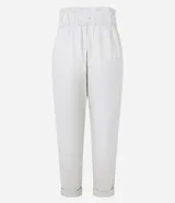 Pantalón carrot de sarga con cintura elástica, lazo en la cintura y estampado a rayas verticales en tonos grisáceos.