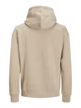 Canguro color beige con capucha y cordones ajustables, de manga larga y bolsillo tipo canguro.
