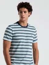 Remera de hombre a rayas horizontales en tonos celeste, azul y blanco. Tiene cuello redondo a contratono azul marino y logo de pingüino bordado en el pecho. Confeccionada en 100% algodón.