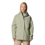 Campera impermeable larga Columbia Hikebound II para mujer, color verde oliva. Confeccionada con tecnología Omni-Tech™ y costuras selladas. Cuenta con capucha ajustable, cierre frontal con solapa, cintura ajustable con cordón, puños ajustables, bolsillo oculto en el pecho y bolsillos con cremallera para las manos.