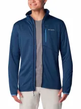 Campera polar Columbia Park View Fleece, color azul jaspeado, con cierre frontal completo, cuello alto, bolsillos laterales con cierre y bolsillo en el pecho con cierre vertical en color verde lima. Cuenta con tecnología Omni-Wick, puños elásticos con orificios para pulgares y protector de barbilla.