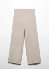 Pantalón crop color beige de tejido mezcla de lino, diseño wideleg y cintura elástica.