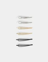 Set de seis horquillas metálicas para el pelo, con forma de gota y terminación en plateado, dorado y negro.
