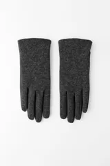 Guantes cortos negros combinados en mezcla de lana y tejido efecto piel, con cierre de botón a presión.