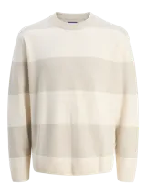Sweater de punto con cuello redondo y diseño a rayas horizontales en tonos beige y blanco.