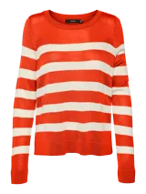 Sweater de punto con rayas horizontales anchas en color naranja vibrante y blanco crema. Presenta cuello redondo y puños acanalados.
