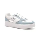 Championes deportivos American Sport Keira, con plataforma alta, capellada combinada en denim celeste, cuero sintético blanco y detalles plateados.