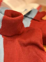 Polera de cuello alto, de punto acanalado, con diseño color block en celeste y bordó.
