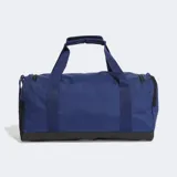 Bolso deportivo pequeño Adidas Linear color azul con base negra, logo blanco estampado, doble asa de mano, correa ajustable para el hombro y compartimento independiente para calzado.